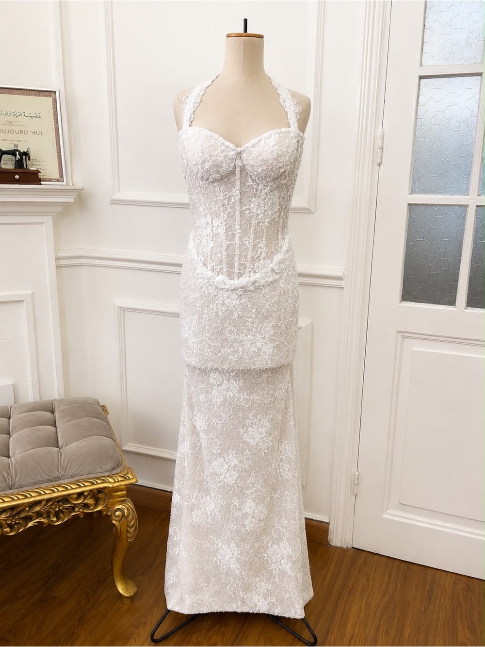 Romantic White Lace Halter Wedding Dress with Corset Bodice